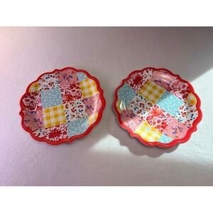 The Pioneer Woman Salad Plates Set of 2 Red Yellow Patchwork Medley‎ Scalloped